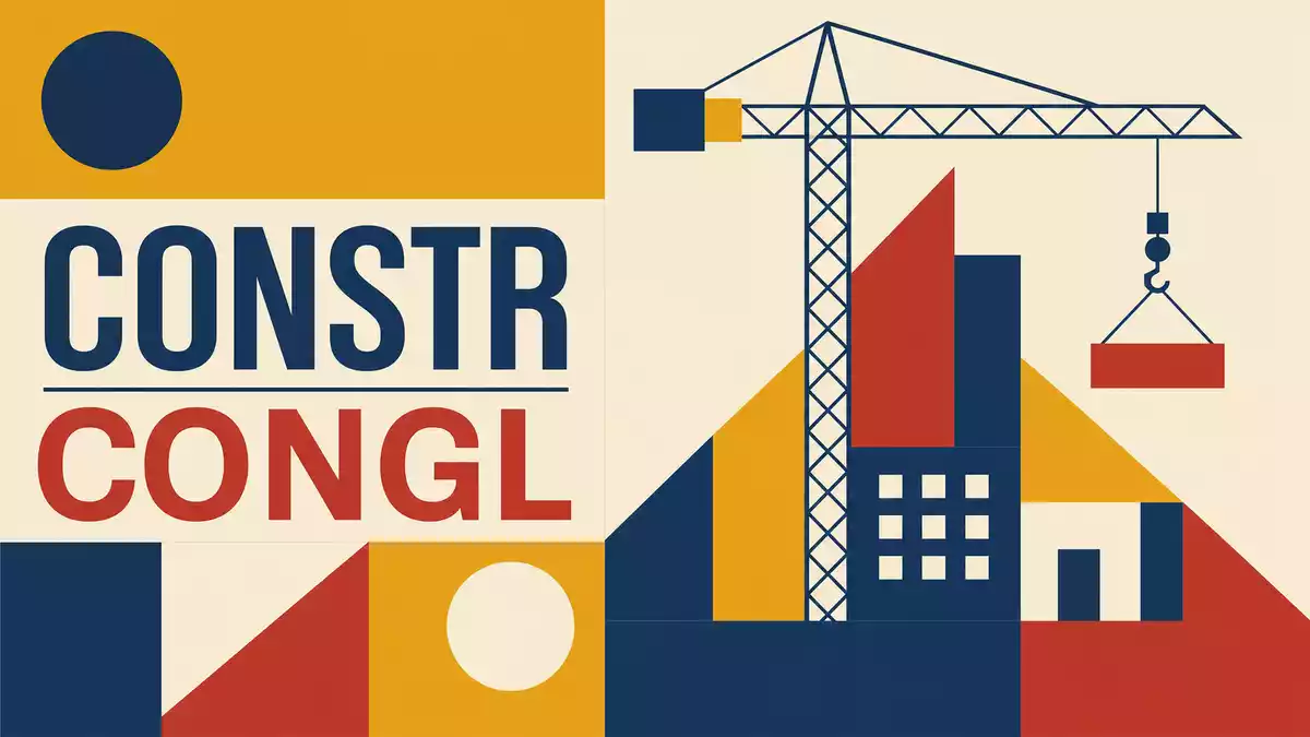 Bauhaus-Poster mit geometrischem Kran und Gebäude-Silhouette sowie Sektor-Text CONSTR und CONGL