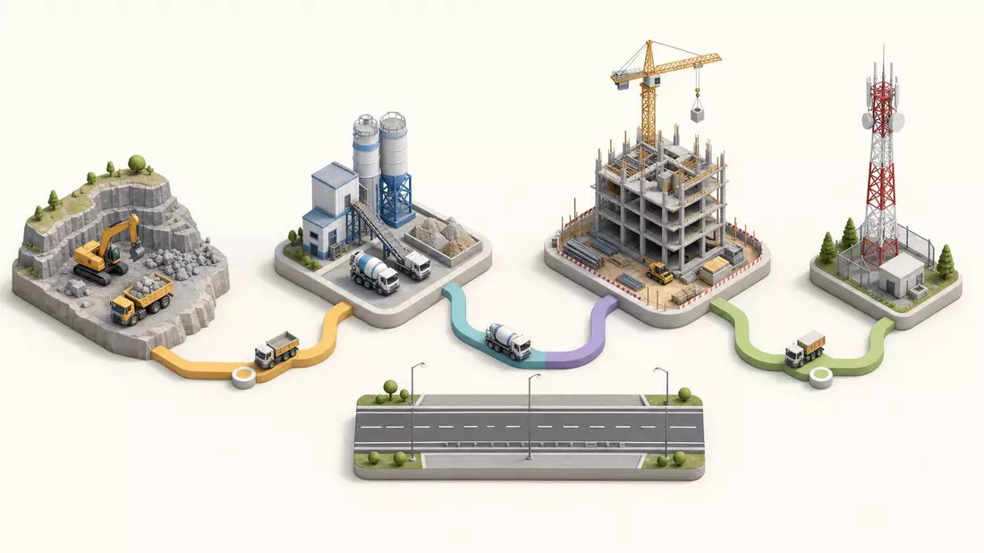 Isometrisches 3D-Diagramm der Wertschöpfungskette von Steinbruch, Betonwerk, Baustelle und Funkturm