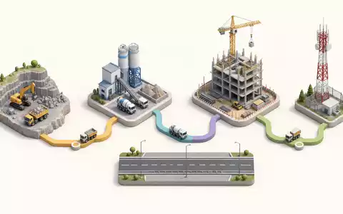Bouygues S.A. FR0000120503 visualisiert farbenfrohe isometrische 3D-Wertschöpfungskette von Steinbruch bis zum Kommunikationsturm - Foto: THN