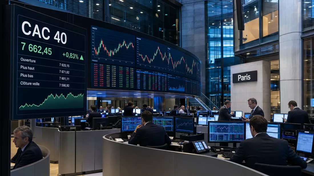 Börsen-Editorialfoto vom Trading-Floor in Paris mit Kurstafel CAC 40 und Händlern an Bildschirmen