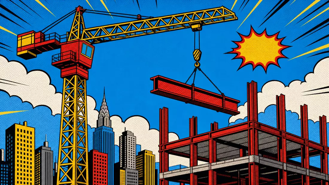 Pop-Art-Comic-Illustration eines gelben Baukrans mit Stahlträger über halbfertiger Comic-Skyline