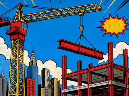 Bouygues S.A. FR0000120503 endet mit farbenfroher Pop-Art-Comic-Szene eines Baukrans über einer halbfertigen Rohbau-Skyline - Foto: THN