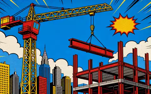 Bouygues S.A. FR0000120503 endet mit farbenfroher Pop-Art-Comic-Szene eines Baukrans über einer halbfertigen Rohbau-Skyline - Foto: THN
