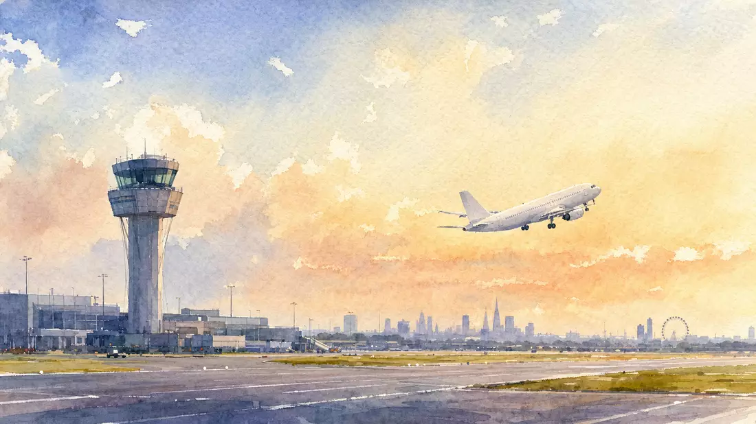Aquarellbild eines startenden Flugzeugs über einem Kontrollturm bei Sonnenuntergang