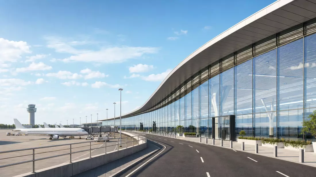 3D-Architektur-Render eines modernen Glasterminals mit weißem Flugzeug am Gate