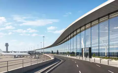 Architektur-Render zeigt modernes Flughafenterminal mit Flugzeug am Gate, easyJet plc, ISIN GB00B7KR2P84, Low-Cost-Airline-Infrastruktur - Foto: THN