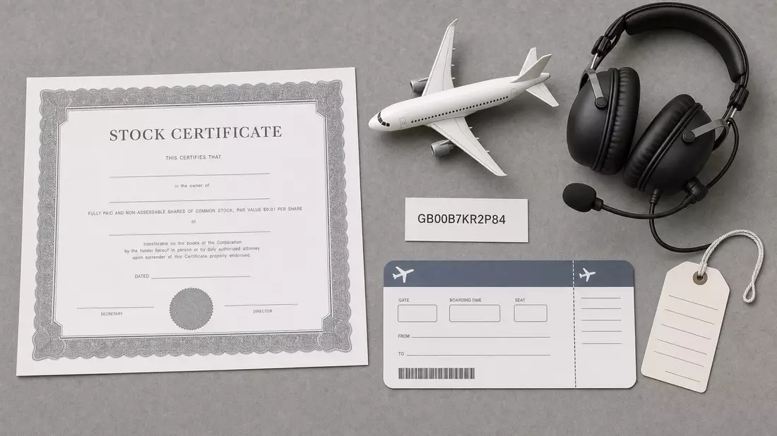 Flatlay mit Aktienzertifikat, Modellflugzeug, Kopfhörern und Karte GB00B7KR2P84