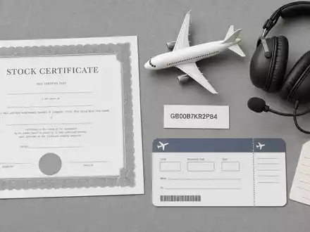 Flatlay-Arrangement zeigt Aktienzertifikat und ISIN-Karte GB00B7KR2P84 neben Modellflugzeug, symbolisiert easyJet plc, britische Low-Cost-Airline - Foto: THN