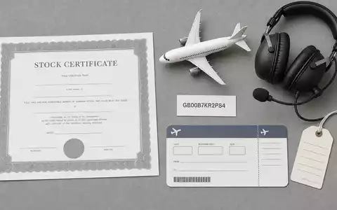 Flatlay-Arrangement zeigt Aktienzertifikat und ISIN-Karte GB00B7KR2P84 neben Modellflugzeug, symbolisiert easyJet plc, britische Low-Cost-Airline - Foto: THN