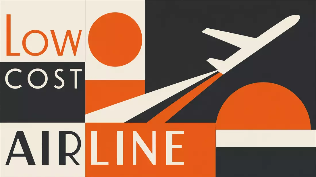 Bauhaus-Poster mit abstraktem Flugzeug, Sonne und Schriftzügen AIRLINE und LOW COST