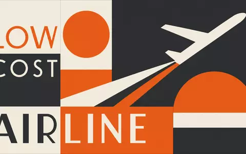 Geometrisches Bauhaus-Poster mit Sektortext AIRLINE und LOW COST symbolisiert die Fluggesellschaft easyJet plc, ISIN GB00B7KR2P84 - Foto: THN
