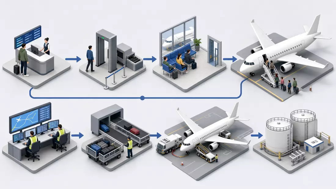 Isometrische Illustration einer Airline-Prozesskette von Check-in bis Betankung