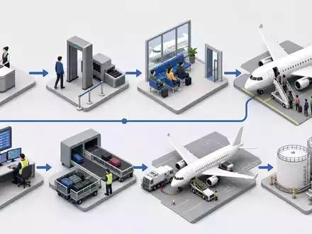 Isometrisches 3D-Diagramm zeigt Wertschöpfungskette einer Airline, passend zu easyJet plc, ISIN GB00B7KR2P84, Low-Cost-Fluggesellschaft - Foto: THN
