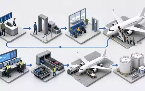 Isometrisches 3D-Diagramm zeigt Wertschöpfungskette einer Airline, passend zu easyJet plc, ISIN GB00B7KR2P84, Low-Cost-Fluggesellschaft - Foto: THN