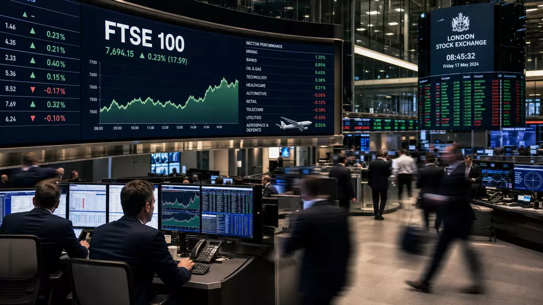 Trading-Floor mit Bildschirmen, die FTSE 100 Kurse und Sektordaten anzeigen