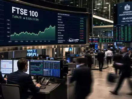 Börsen-Editorial zeigt Trading-Floor mit FTSE 100 Charts, passend zu easyJet plc, ISIN GB00B7KR2P84, gelistet London - Foto: THN