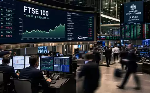 Börsen-Editorial zeigt Trading-Floor mit FTSE 100 Charts, passend zu easyJet plc, ISIN GB00B7KR2P84, gelistet London - Foto: THN