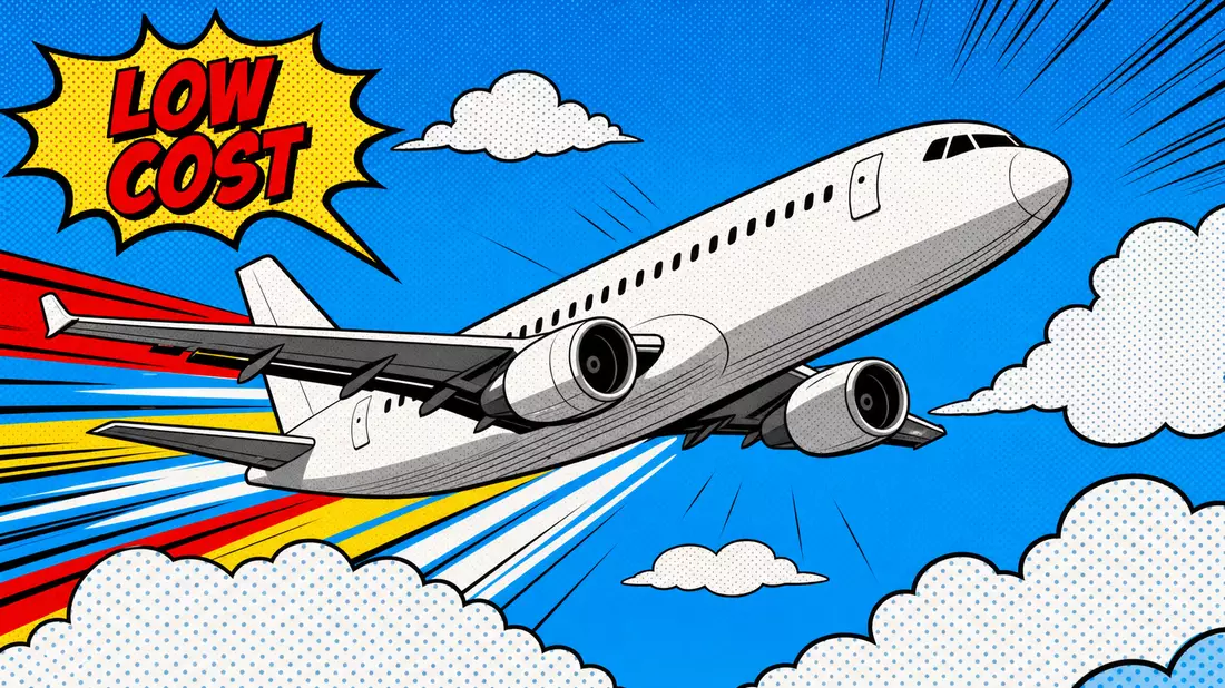 Pop-Art-Comic eines weißen Flugzeugs im Himmel mit Sprechblase LOW COST