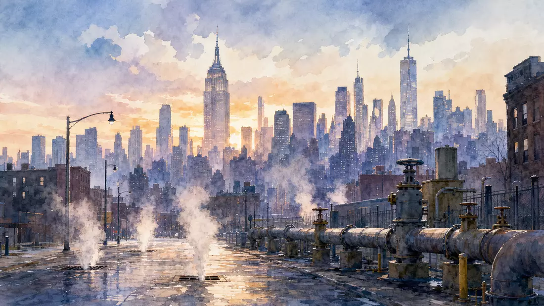 Aquarell der NYC-Skyline mit Gasleitungen und aufsteigendem Dampf im Morgenrot