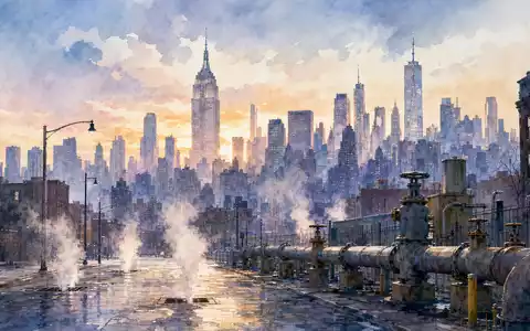 Consolidated Edison New York City Gasleitungen Skyline Aquarell Morgenrot Dampf Stadtlandschaft Versorgung US2091151041 - Foto: THN