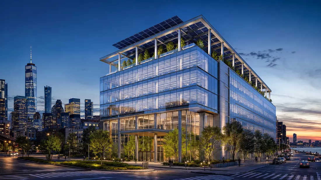Architektur-Render eines modernen Unternehmensgebäudes mit Solaranlage in Manhattan
