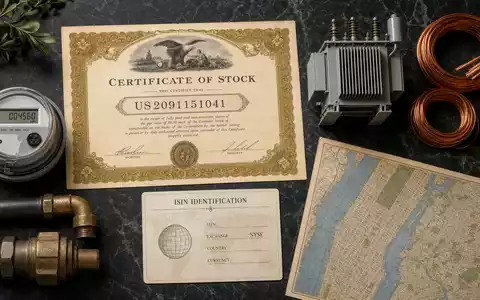 Consolidated Edison Aktienzertifikat ISIN US2091151041 Transformatormodell Kupferkabel Flatlay Marmoroberfläche NYSE Börsenpapier Energiesektor - Foto: THN
