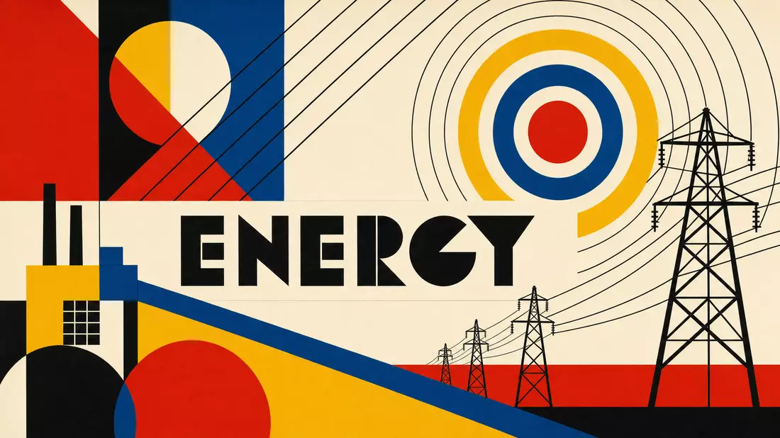 Bauhaus-Poster mit geometrischen Formen, Strommasten und ENERGY-Schriftzug