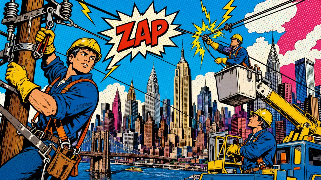 Pop-Art-Comic: Elektriker an Strommasten vor bunter NYC-Skyline mit ZAP-Effekt