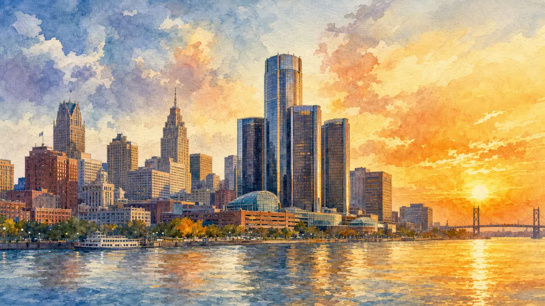 Aquarell-Illustration Detroit Skyline mit Bankturm und Fluss im Sonnenuntergang