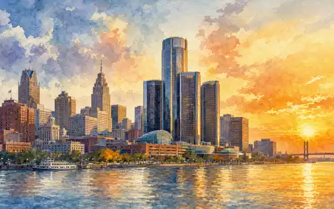 Comerica Inc. Detroit Skyline als Aquarell Sonnenuntergang goldener Bankturm spiegelt im Fluss US2003401070 - Foto: THN