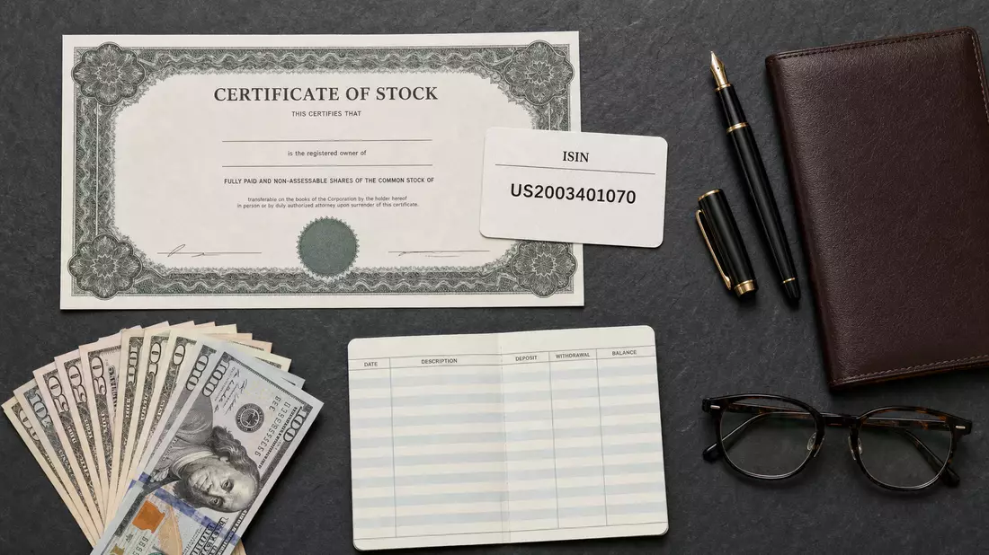 Flatlay Aktienzertifikat ISIN-Karte US2003401070 mit Bankutensilien auf Schiefer