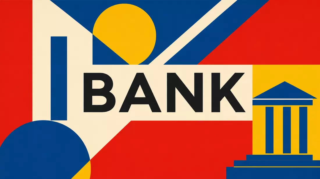 Bauhaus-Stil geometrisches Poster BANK-Sektor Primärfarben Rot Blau Gelb