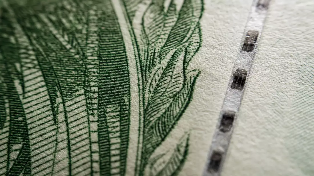 Extreme Makro-Nahaufnahme Dollarnote Intaglio-Druck Sicherheitsfaden grün