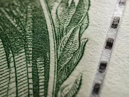 Comerica Inc. zeigt Makroaufnahme einer Dollarnote mit Tiefdruck Sicherheitsfaden und Papierstruktur US2003401070 - Foto: THN