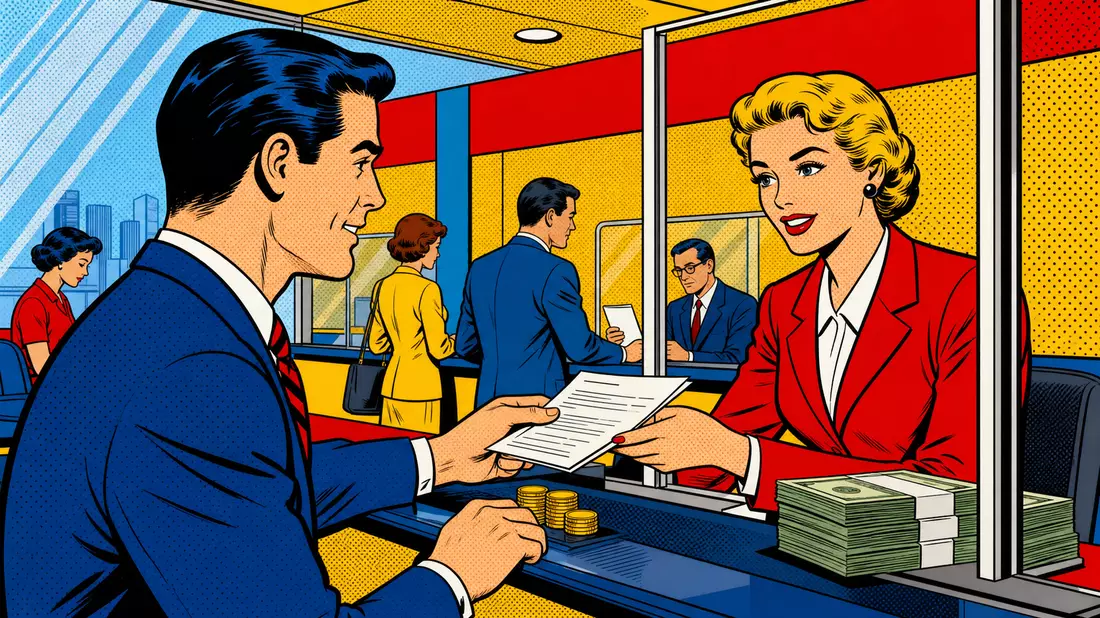 Pop-Art-Comic-Szene Bankschalter Halbtondruck farbig Retro 1960er Stil