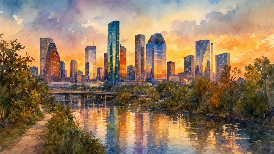 Aquarellmalerei der Houston-Skyline bei Sonnenuntergang mit Fluss im Vordergrund