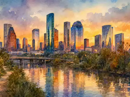ConocoPhillips Hauptsitz in Houston als Aquarellgemälde mit warmer Abenddämmerung über dem Bayou, US20825C1045 - Foto: THN