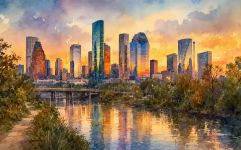 ConocoPhillips Hauptsitz in Houston als Aquarellgemälde mit warmer Abenddämmerung über dem Bayou, US20825C1045 - Foto: THN