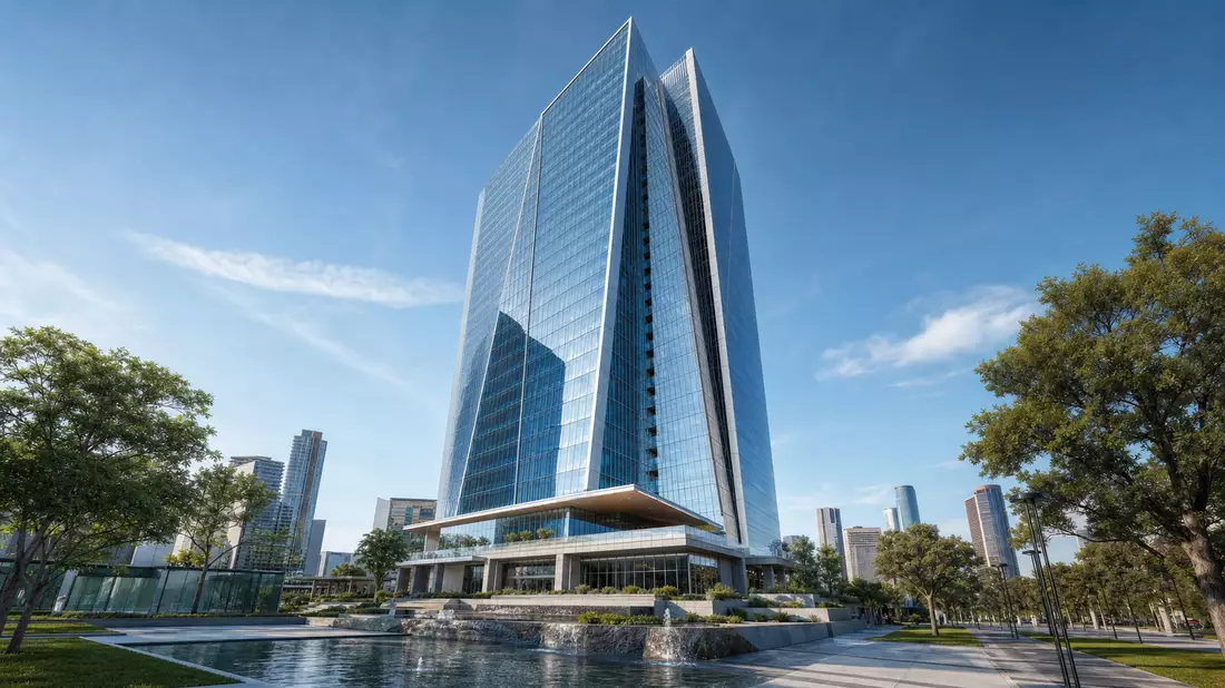 Architekturvisualisierung eines modernen Glasturms in Houston mit Grünanlagen