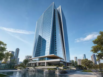 ConocoPhillips moderner Glasturm als Architekturrender in Houston mit Wasseranlage und Grünflächen, US20825C1045 - Foto: THN