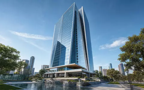 ConocoPhillips moderner Glasturm als Architekturrender in Houston mit Wasseranlage und Grünflächen, US20825C1045 - Foto: THN