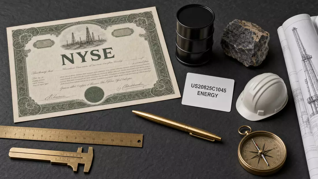 Flatlay-Anordnung mit NYSE-Zertifikat, ISIN-Karte, Ölfass und Bergbauwerkzeugen