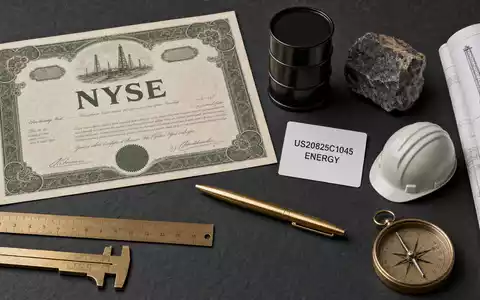 ConocoPhillips Flatlay mit NYSE Aktienzertifikat, ISIN Karte US20825C1045, Ölfass Modell und Bohrwerkzeugen - Foto: THN