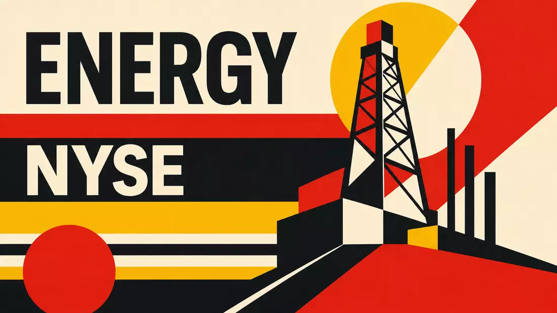 Bauhaus-Poster mit geometrischen Formen, Ölturm und Text ENERGY NYSE