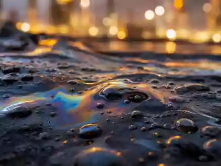 ConocoPhillips Makroaufnahme von schimmernder Rohöl Oberfläche mit Regenbogenreflexen und Bokeh Hintergrund, US20825C1045 - Foto: THN