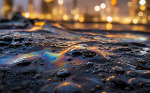 ConocoPhillips Makroaufnahme von schimmernder Rohöl Oberfläche mit Regenbogenreflexen und Bokeh Hintergrund, US20825C1045 - Foto: THN