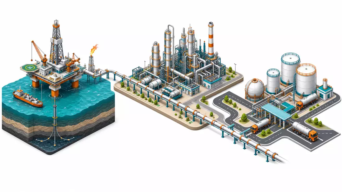 Isometrische 3D-Illustration der Öl- und Gas-Wertschöpfungskette von Plattform bis Tankwagen