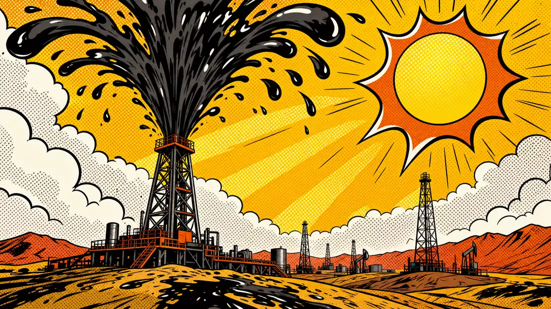 Pop-Art-Comicszene mit Ölturm-Eruption in leuchtenden Gelb- und Orangetönen