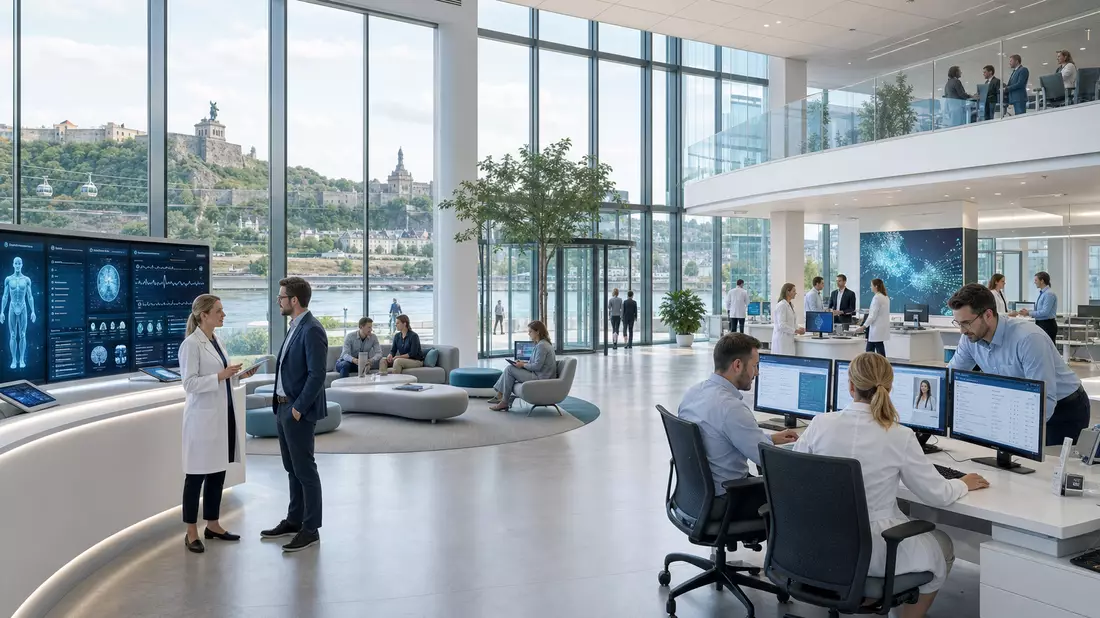 Modernes E-Health-Büro mit Ärzten und digitalen Patientenakten, Koblenz