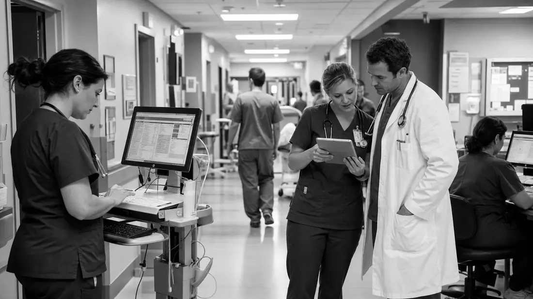 Schwarz-Weiß Reportage Krankenhauskorridor mit digitalem Patientenmanagement